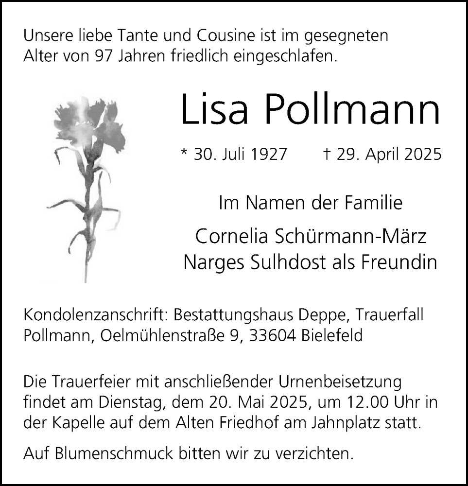  Traueranzeige für Lisa Pollmann vom 10.05.2025 aus Neue Westfälische und Westfalen-Blatt