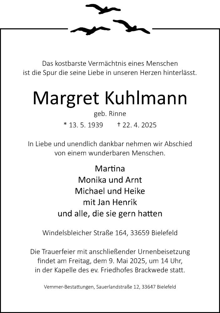  Traueranzeige für Margret Kuhlmann vom 03.05.2025 aus Neue Westfälische und Westfalen-Blatt
