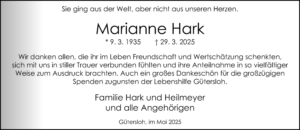 Traueranzeige für Marianne Hark vom 10.05.2025 aus Neue Westfälische und Westfalen-Blatt