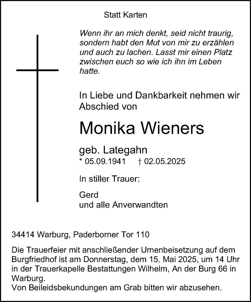 Traueranzeige für Monika Wieners vom 10.05.2025 aus Neue Westfälische und Westfalen-Blatt