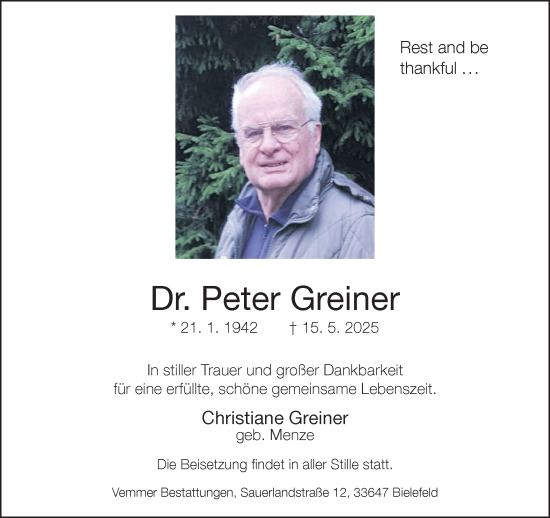 Traueranzeige von Peter Greiner von Neue Westfälische und Westfalen-Blatt