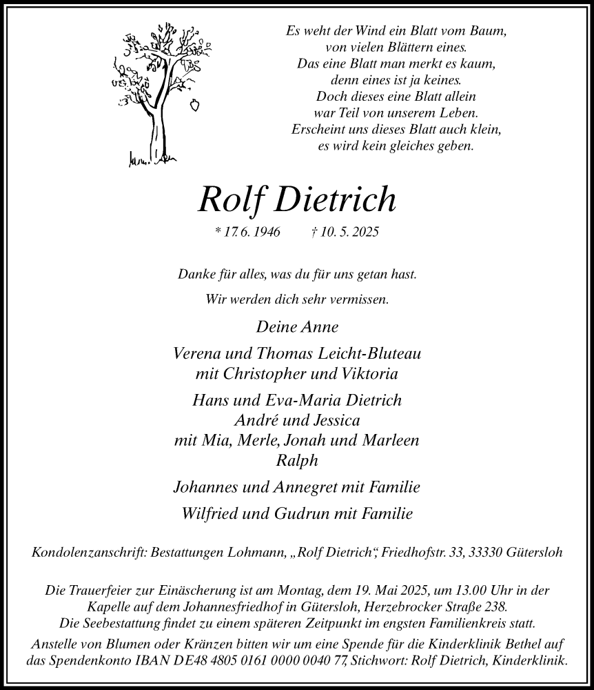  Traueranzeige für Rolf Dietrich vom 16.05.2025 aus Neue Westfälische und Westfalen-Blatt