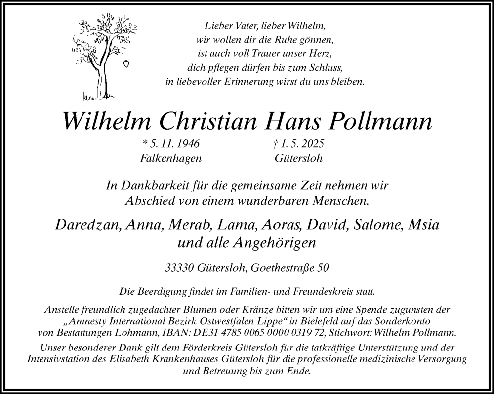  Traueranzeige für Wilhelm Christian Hans Pollmann vom 07.05.2025 aus Neue Westfälische und Westfalen-Blatt
