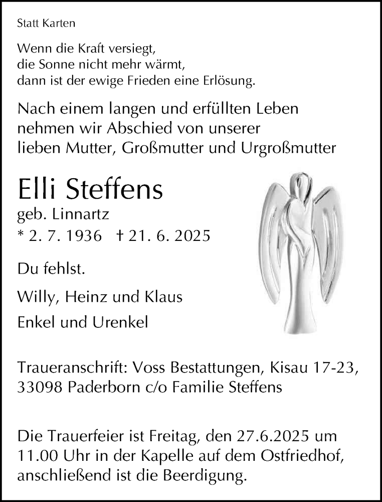  Traueranzeige für Elli Steffens vom 25.06.2025 aus Neue Westfälische und Westfalen-Blatt