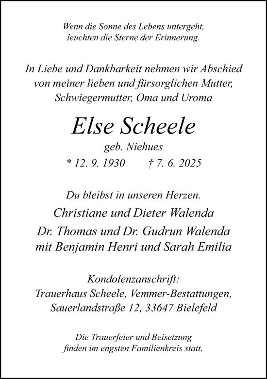 Traueranzeige von Else Scheele von Neue Westfälische und Westfalen-Blatt
