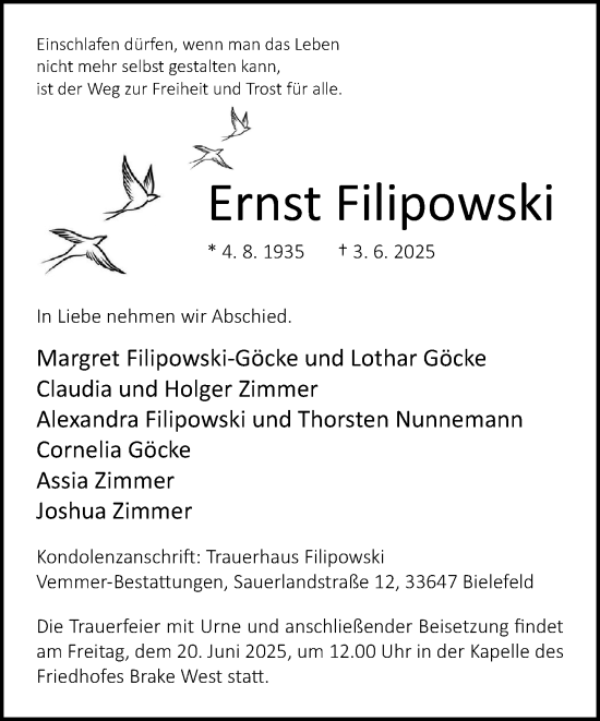 Traueranzeige von Ernst Filipowski von Neue Westfälische und Westfalen-Blatt