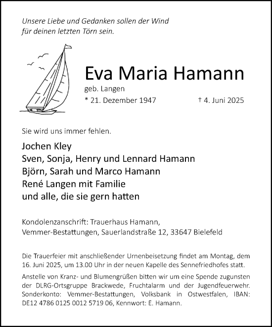 Traueranzeige von Eva Maria Hamann von Neue Westfälische und Westfalen-Blatt