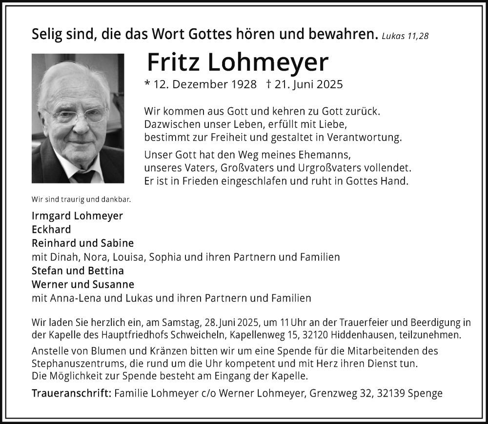  Traueranzeige für Fritz Lohmeyer vom 25.06.2025 aus Neue Westfälische und Westfalen-Blatt