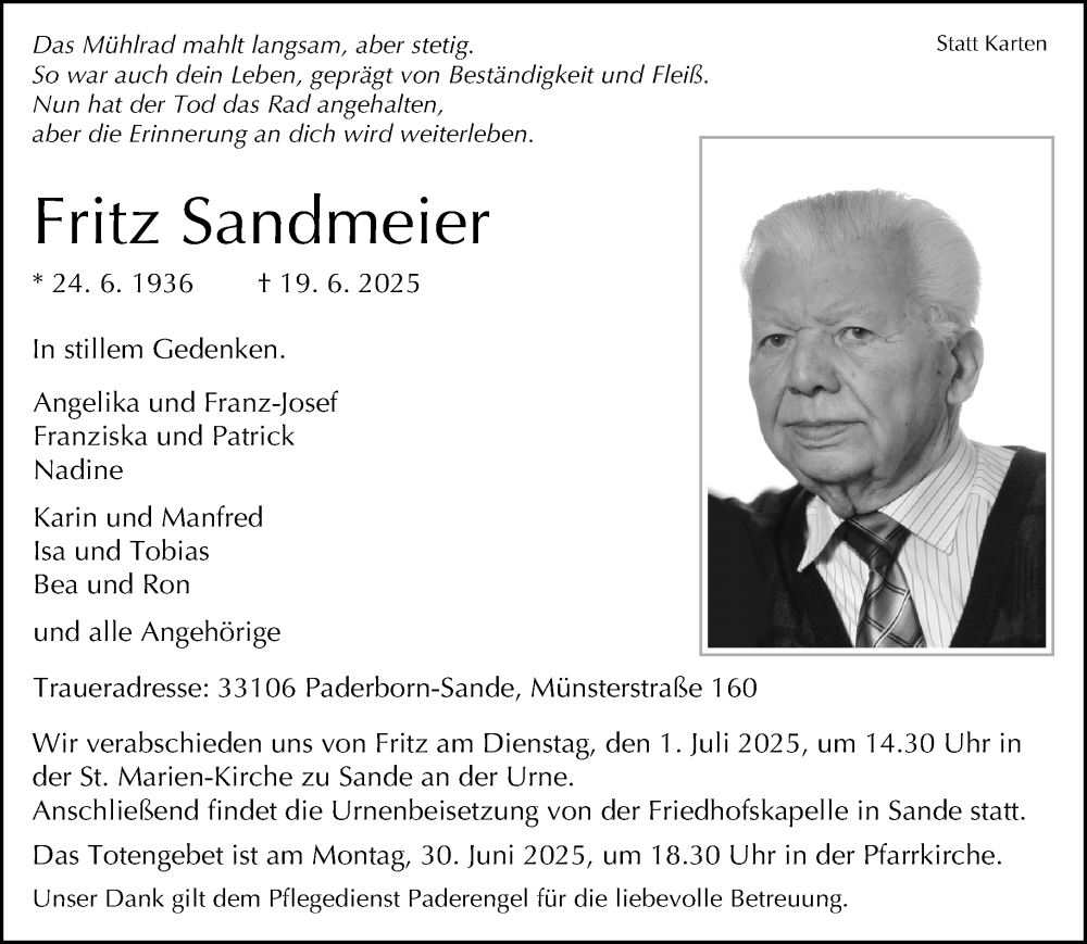  Traueranzeige für Fritz Sandmeier vom 21.06.2025 aus Neue Westfälische und Westfalen-Blatt