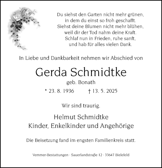 Traueranzeige von Gerda Schmidtke von Neue Westfälische und Westfalen-Blatt