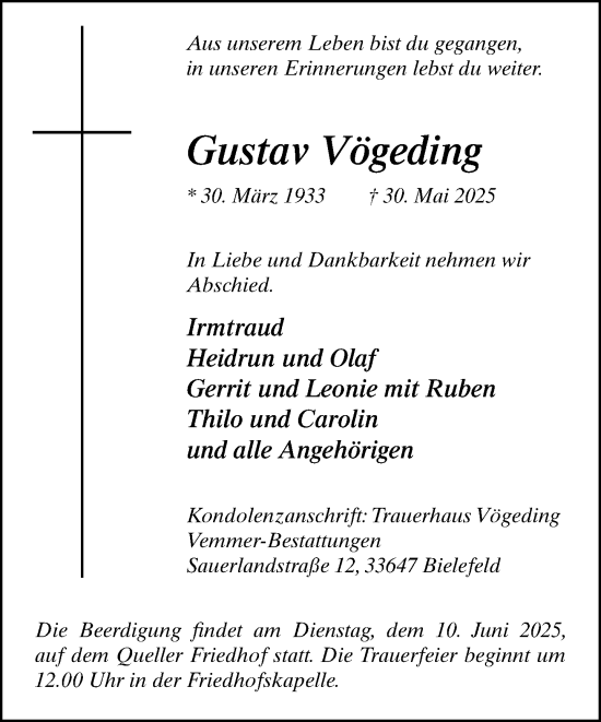 Traueranzeige von Gustav Vögeding von Neue Westfälische und Westfalen-Blatt