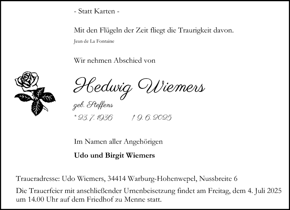  Traueranzeige für Hedwig Wiemers vom 21.06.2025 aus Neue Westfälische und Westfalen-Blatt
