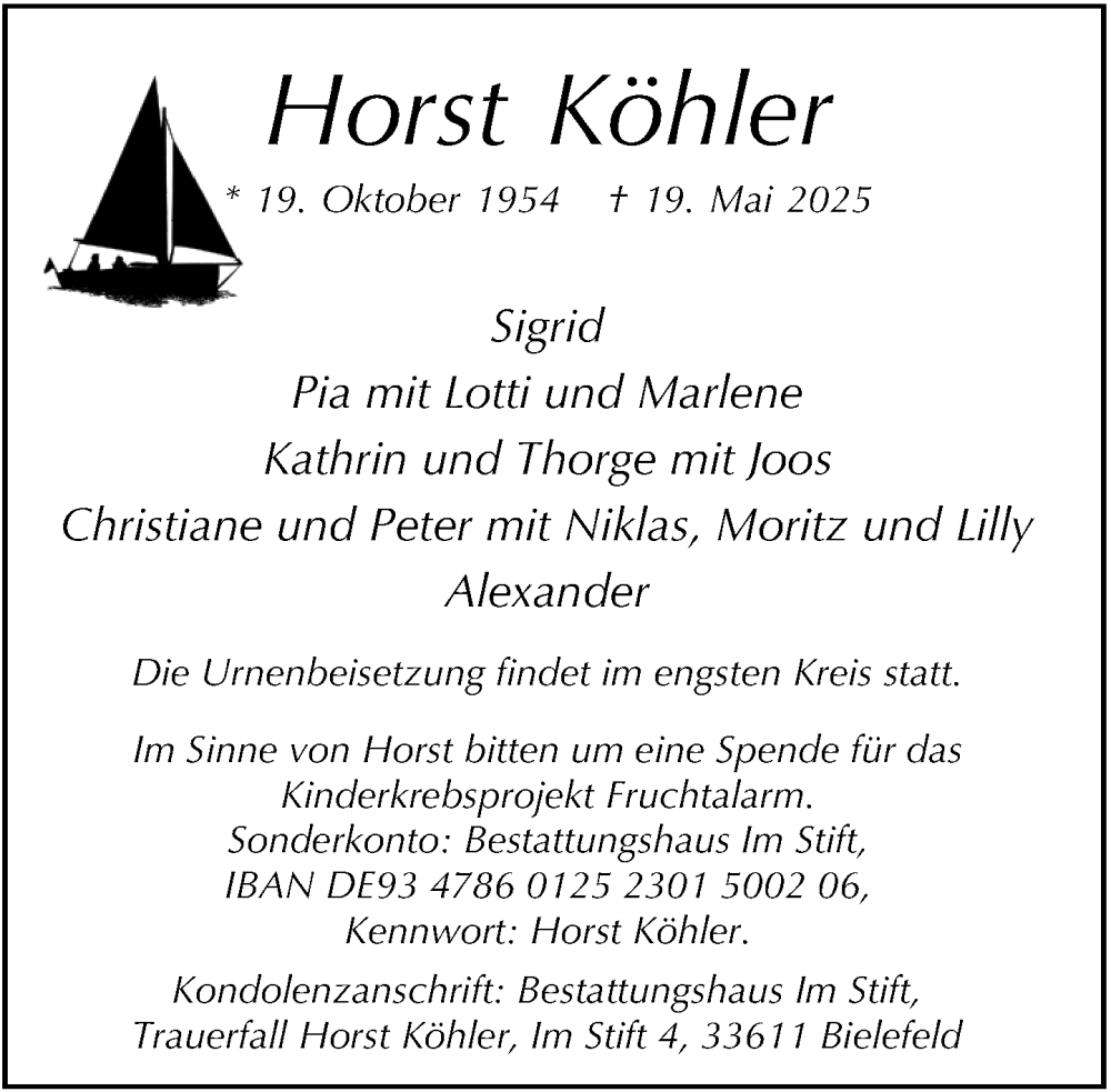  Traueranzeige für Horst Köhler vom 07.06.2025 aus Neue Westfälische und Westfalen-Blatt