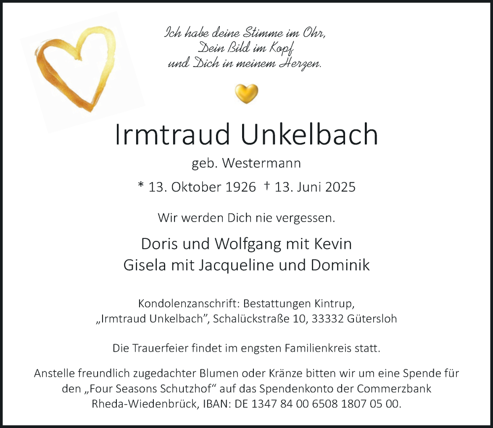  Traueranzeige für Irmtraud Unkelbach vom 18.06.2025 aus Neue Westfälische und Westfalen-Blatt
