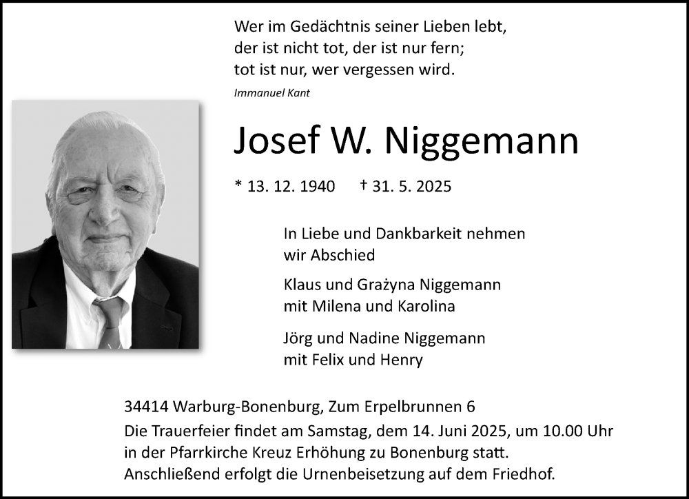  Traueranzeige für Josef Niggemann vom 07.06.2025 aus Neue Westfälische und Westfalen-Blatt