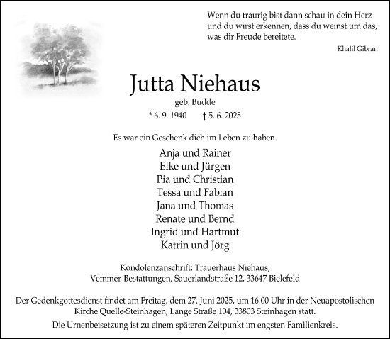 Traueranzeige von Jutta Niehaus von Neue Westfälische und Westfalen-Blatt