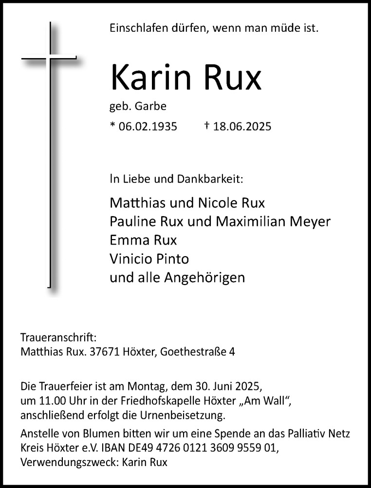  Traueranzeige für Karin Rux vom 21.06.2025 aus Neue Westfälische und Westfalen-Blatt