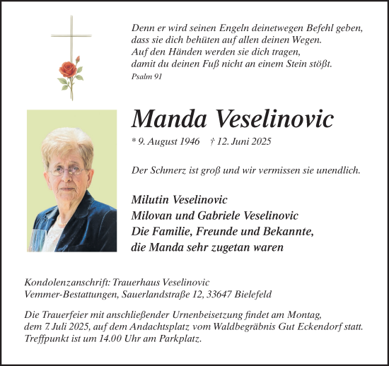 Traueranzeige von Manda Veselinovic von Neue Westfälische und Westfalen-Blatt