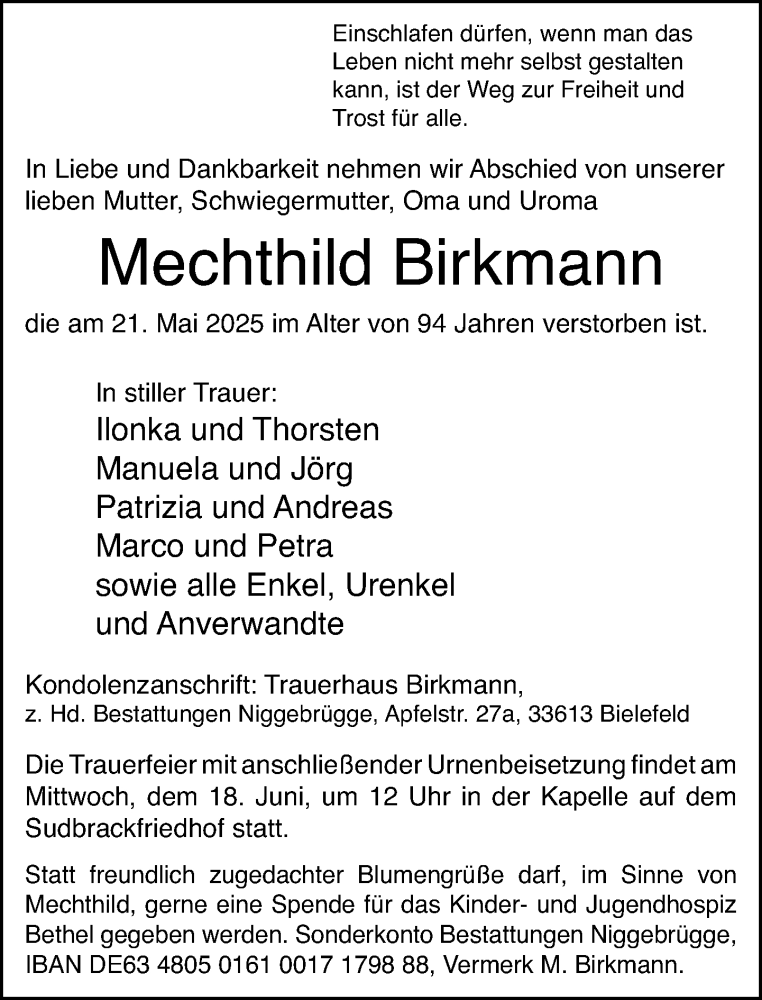  Traueranzeige für Mechthild Birkmann vom 07.06.2025 aus Neue Westfälische und Westfalen-Blatt