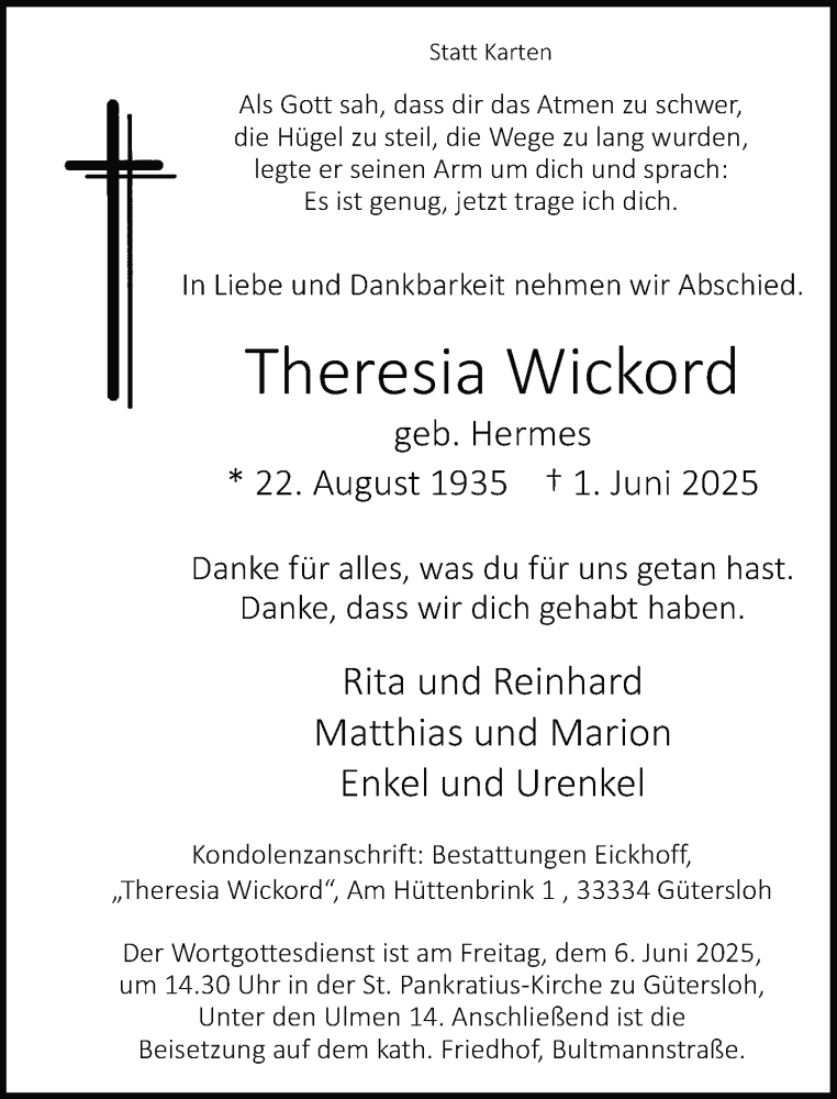  Traueranzeige für Theresia Wickord vom 04.06.2025 aus Neue Westfälische und Westfalen-Blatt