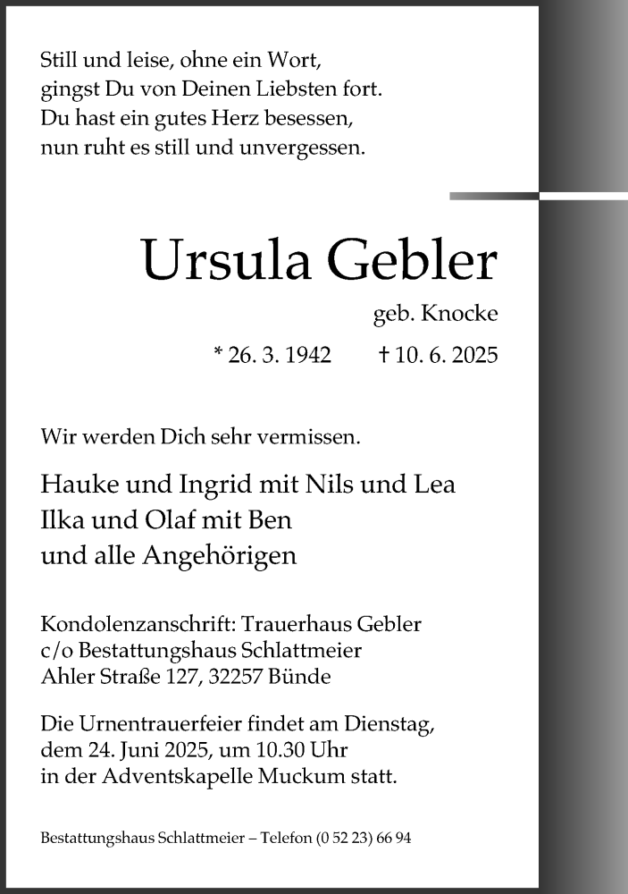  Traueranzeige für Ursula Gebler vom 14.06.2025 aus Neue Westfälische und Westfalen-Blatt