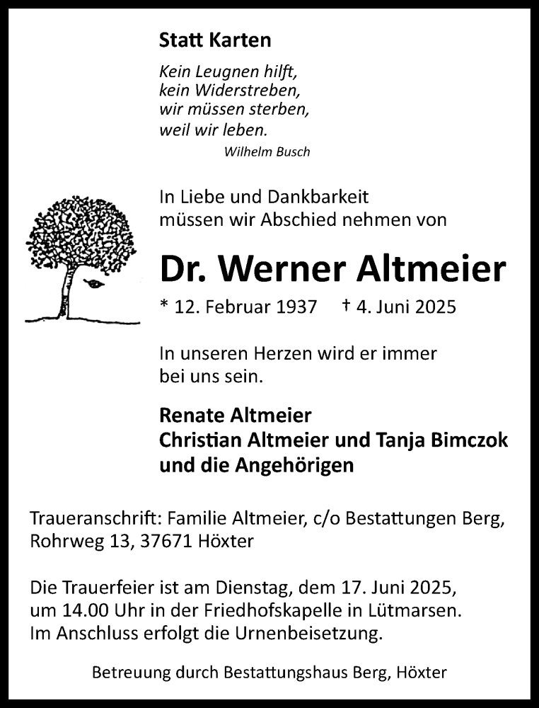  Traueranzeige für Werner Altmeier vom 14.06.2025 aus Neue Westfälische und Westfalen-Blatt