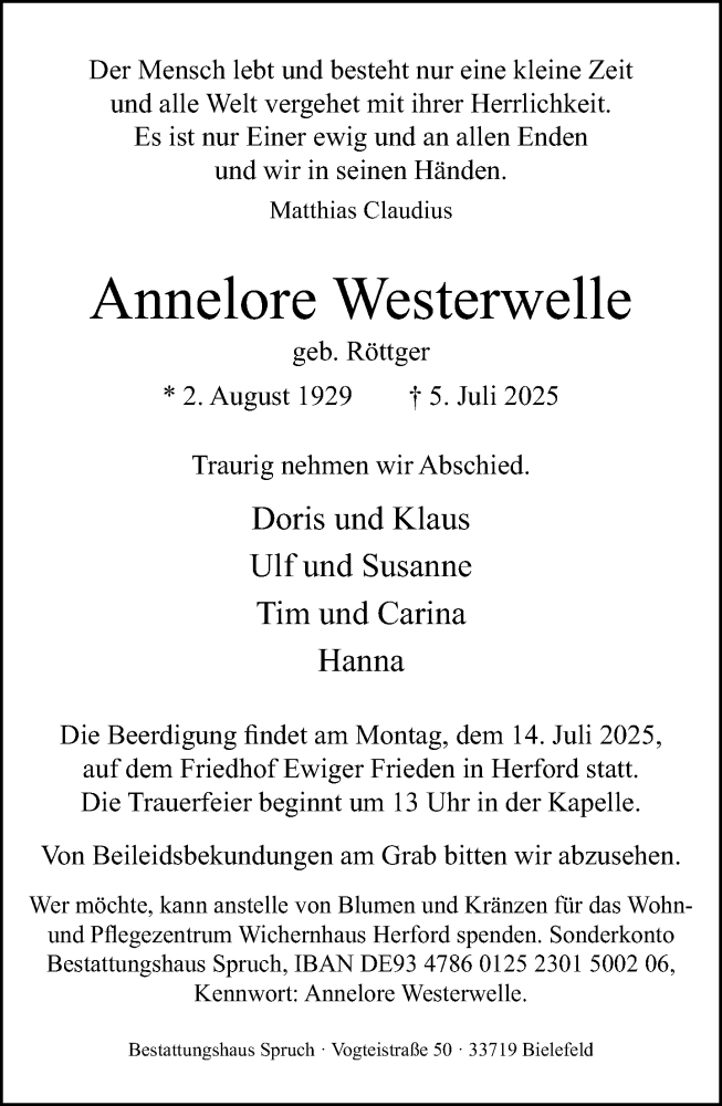  Traueranzeige für Annelore Westerwelle vom 09.07.2025 aus Neue Westfälische und Westfalen-Blatt