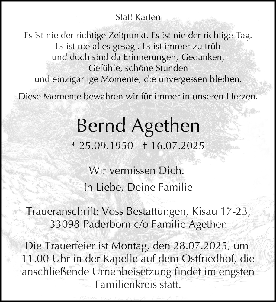  Traueranzeige für Bernd Agethen vom 26.07.2025 aus Neue Westfälische und Westfalen-Blatt