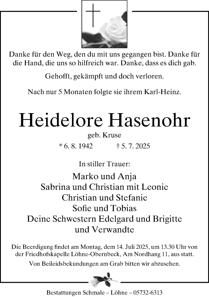  Traueranzeige für Heidelore Hasenohr vom 08.07.2025 aus 