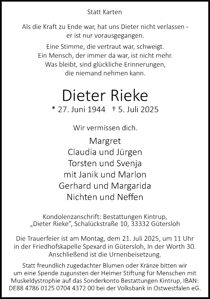  Traueranzeige für Dieter Rieke vom 12.07.2025 aus Neue Westfälische und Westfalen-Blatt