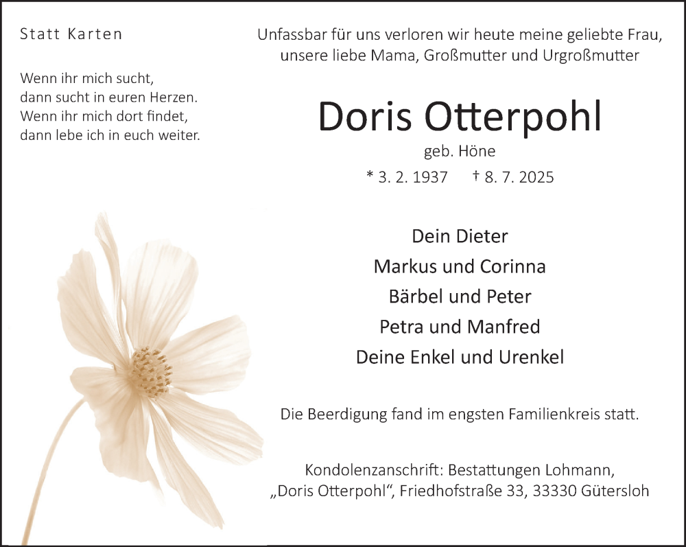  Traueranzeige für Doris Otterpohl vom 26.07.2025 aus Neue Westfälische und Westfalen-Blatt