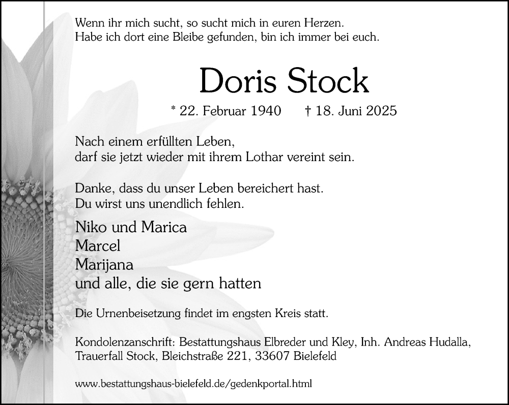  Traueranzeige für Doris Stock vom 28.06.2025 aus Neue Westfälische und Westfalen-Blatt