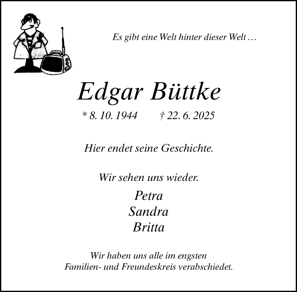  Traueranzeige für Edgar Büttke vom 28.06.2025 aus Neue Westfälische und Westfalen-Blatt