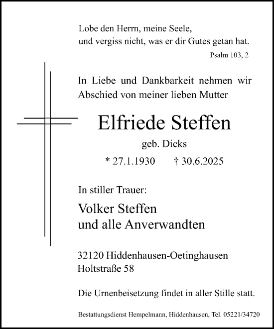 Traueranzeige von Elfriede Steffen von Neue Westfälische und Westfalen-Blatt