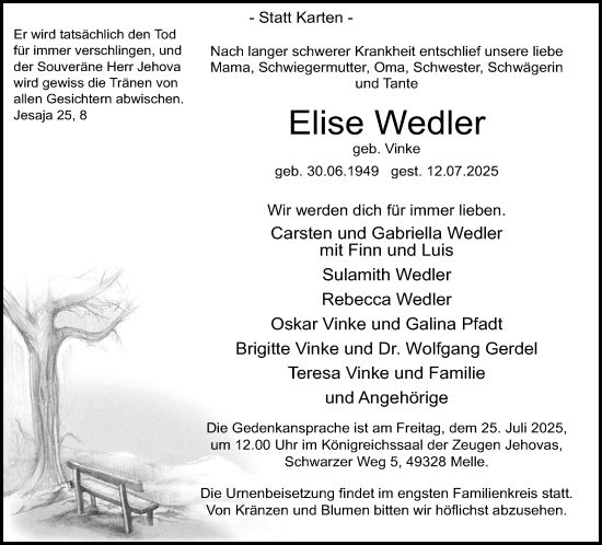 Traueranzeige von Elise Wedler von Neue Westfälische und Westfalen-Blatt