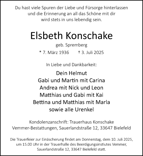 Traueranzeige von Elsbeth Konschake von Neue Westfälische und Westfalen-Blatt