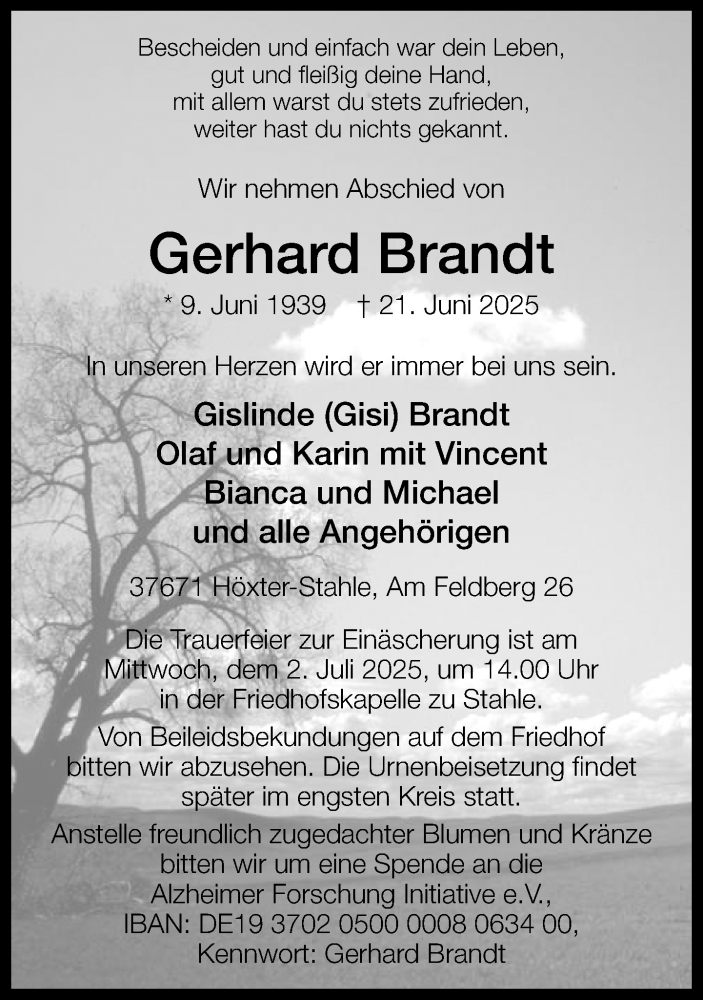  Traueranzeige für Gerhard Brandt vom 28.06.2025 aus Neue Westfälische und Westfalen-Blatt