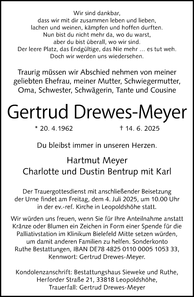  Traueranzeige für Gertrud Drewes-Meyer vom 28.06.2025 aus Neue Westfälische und Westfalen-Blatt