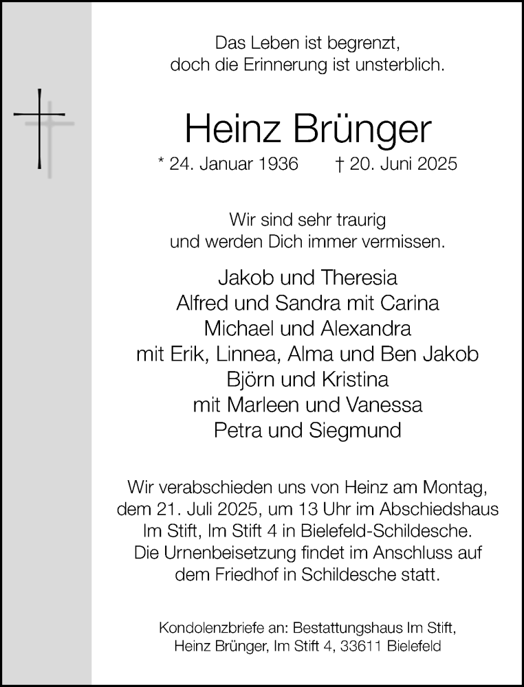  Traueranzeige für Heinz Brünger vom 12.07.2025 aus Neue Westfälische und Westfalen-Blatt