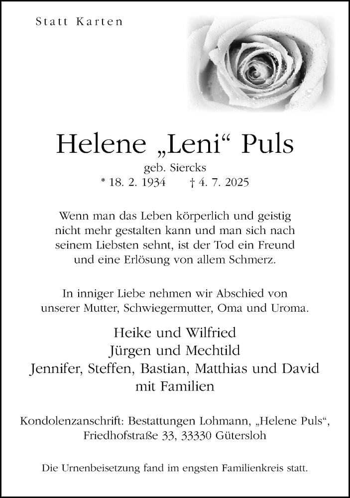  Traueranzeige für Helene Puls vom 26.07.2025 aus Neue Westfälische und Westfalen-Blatt