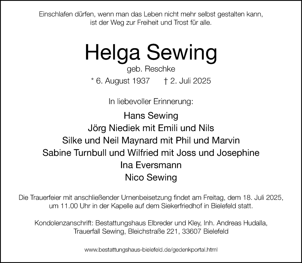  Traueranzeige für Helga Sewing vom 12.07.2025 aus Neue Westfälische und Westfalen-Blatt