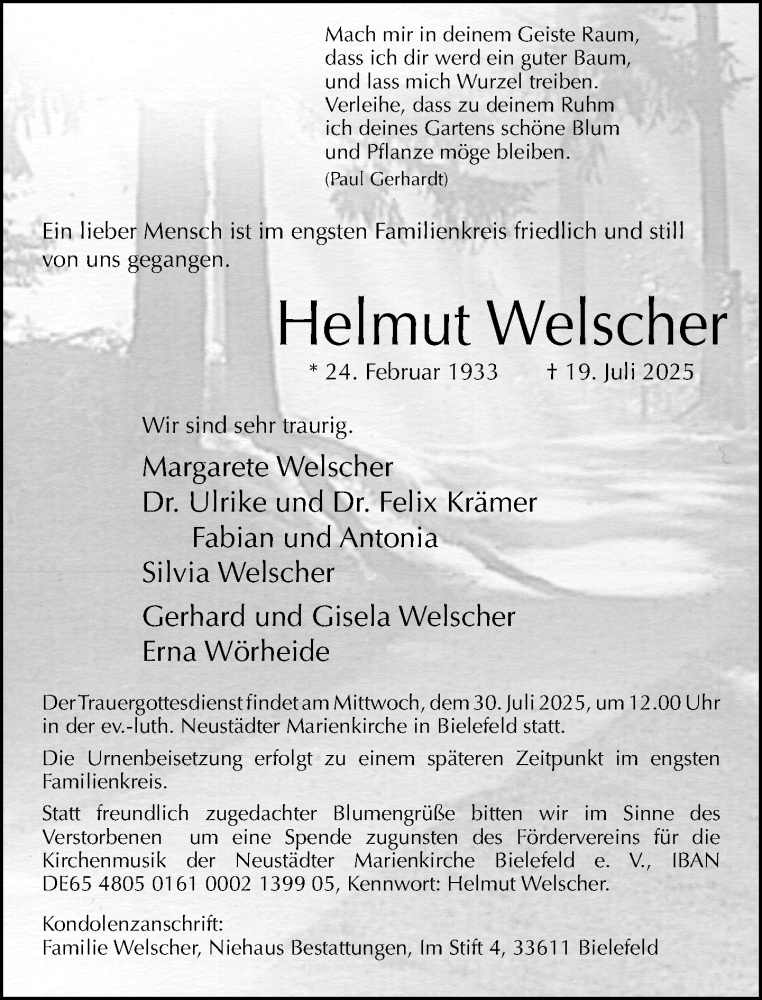  Traueranzeige für Helmut Welscher vom 26.07.2025 aus Neue Westfälische und Westfalen-Blatt