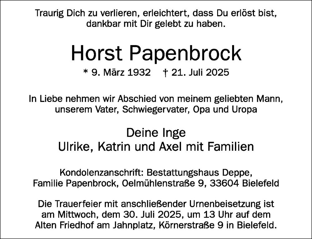  Traueranzeige für Horst Papenbrock vom 26.07.2025 aus Neue Westfälische und Westfalen-Blatt