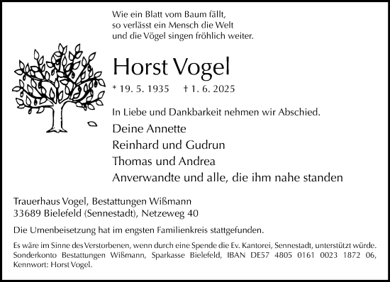 Traueranzeige von Horst Vögel von Neue Westfälische und Westfalen-Blatt