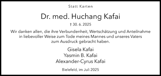 Traueranzeige von Huchang Kafai von Neue Westfälische und Westfalen-Blatt
