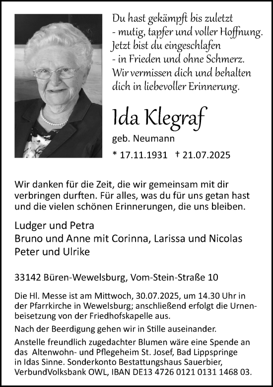 Traueranzeige von Ida Klegraf von Neue Westfälische und Westfalen-Blatt
