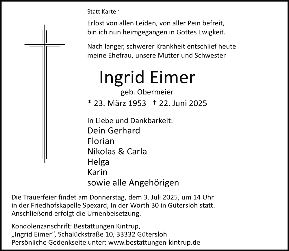  Traueranzeige für Ingrid Eimer vom 28.06.2025 aus Neue Westfälische und Westfalen-Blatt