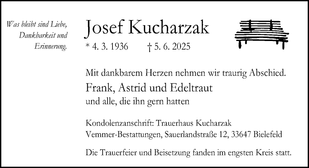  Traueranzeige für Josef Kucharzak vom 05.07.2025 aus Neue Westfälische und Westfalen-Blatt
