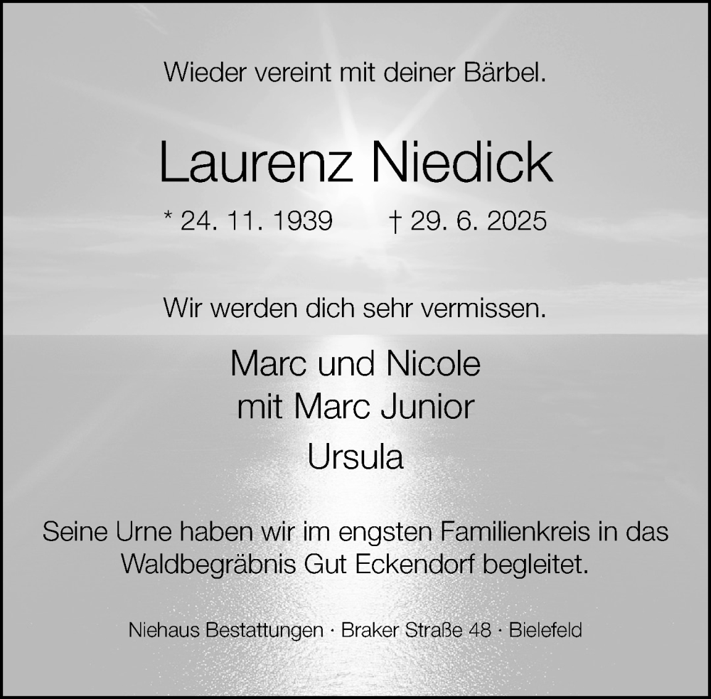  Traueranzeige für Laurenz Niedick vom 12.07.2025 aus Neue Westfälische und Westfalen-Blatt