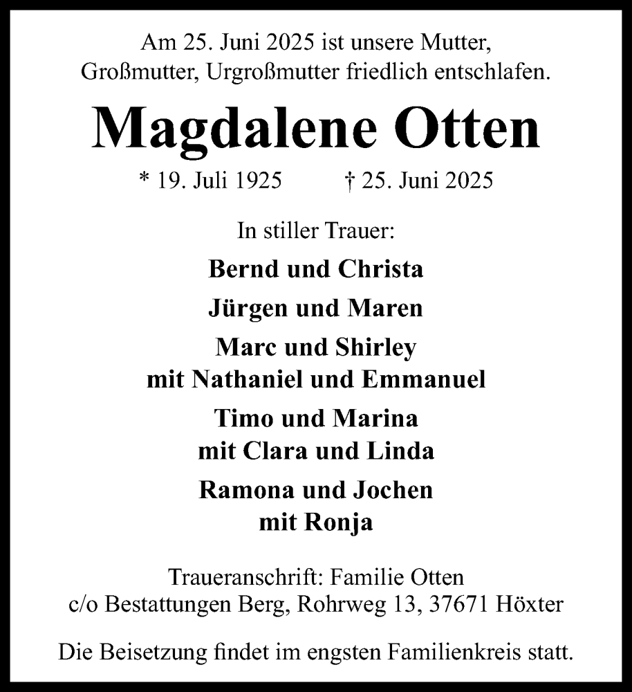  Traueranzeige für Magdalene Otten vom 28.06.2025 aus Neue Westfälische und Westfalen-Blatt